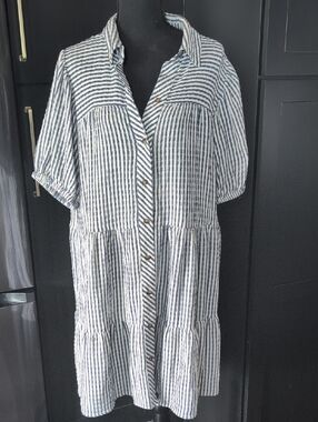Jane & Delancy Striped Blue & White Button-Front Shirt Dress Boho Ruffled Tiers